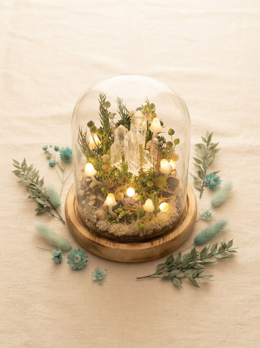 Enchanted Forest Mushroom Lamp with crystal pillars and clay mushrooms inside a glass dome, set on a cream linen surface.