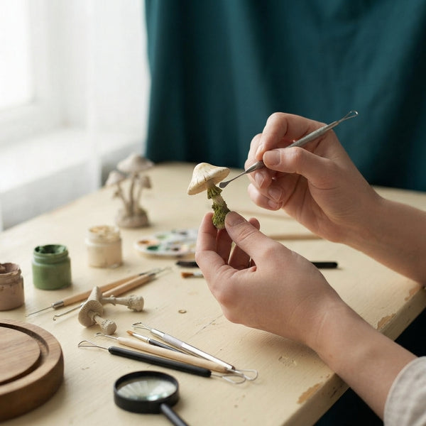Artisan hands shaping a small, detailed clay mushroom on a workshop table surrounded by sculpting tools.