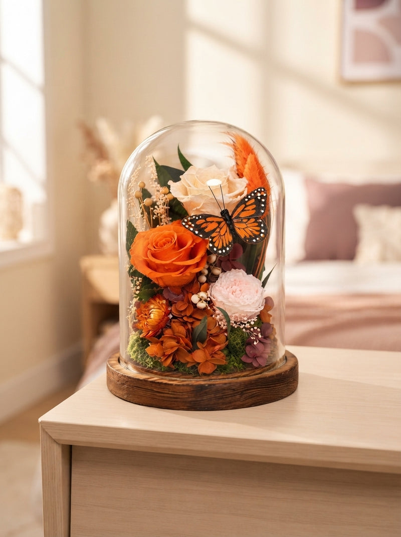 A preserved rose in a glass dome resting on a bedside table in a sunlit bedroom.