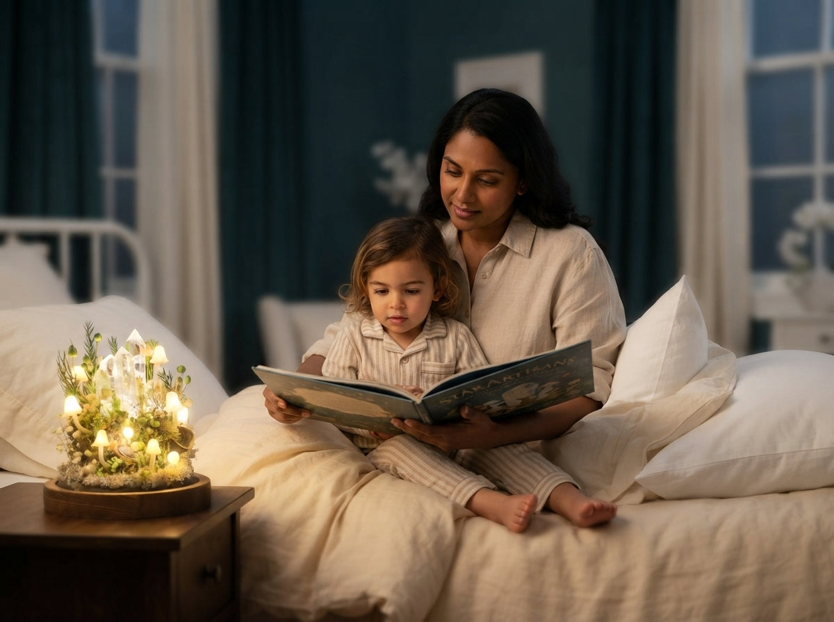 A parent reading to a child by the soft glow of a mushroom-shaped crystal nightlight on a bedside table.