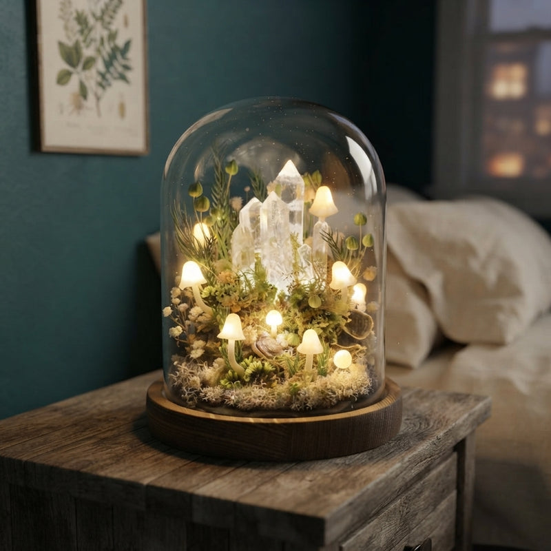 StarArtisans mushroom lamp with glowing crystals and clay fungi on a wooden base inside a bedroom at night.