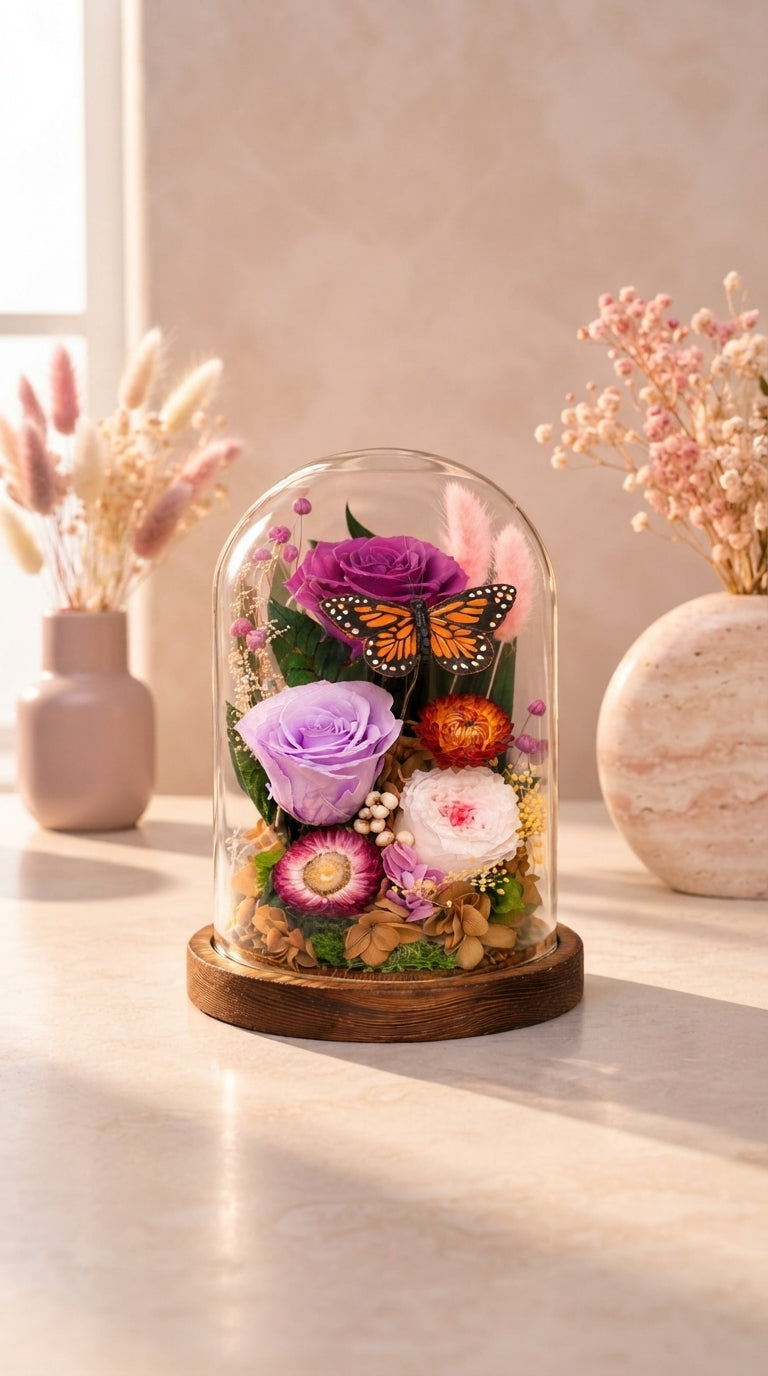 Preserved rose in a glass dome centered on a neutral background.