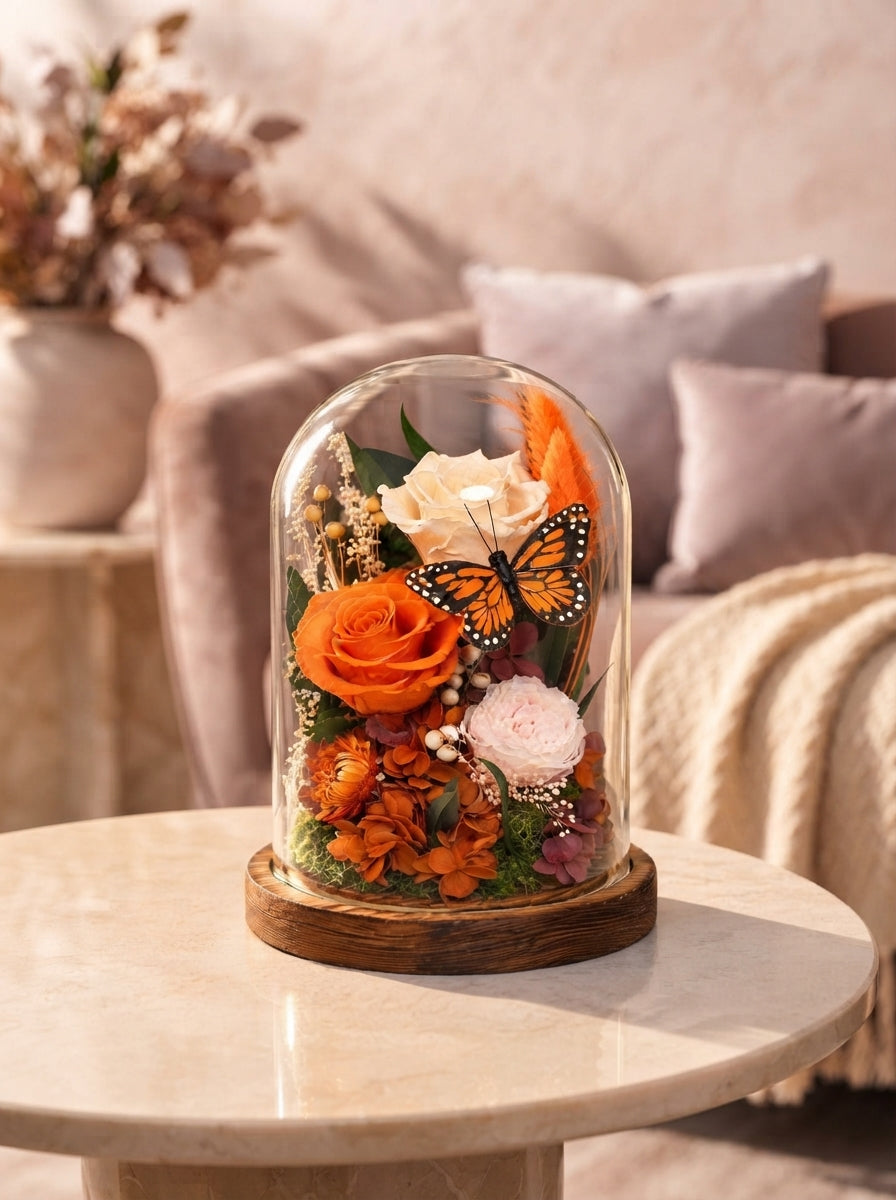 A preserved red rose in a glass dome sits on a warm cream table in a sunlit room with blush pink and mauve decor.
